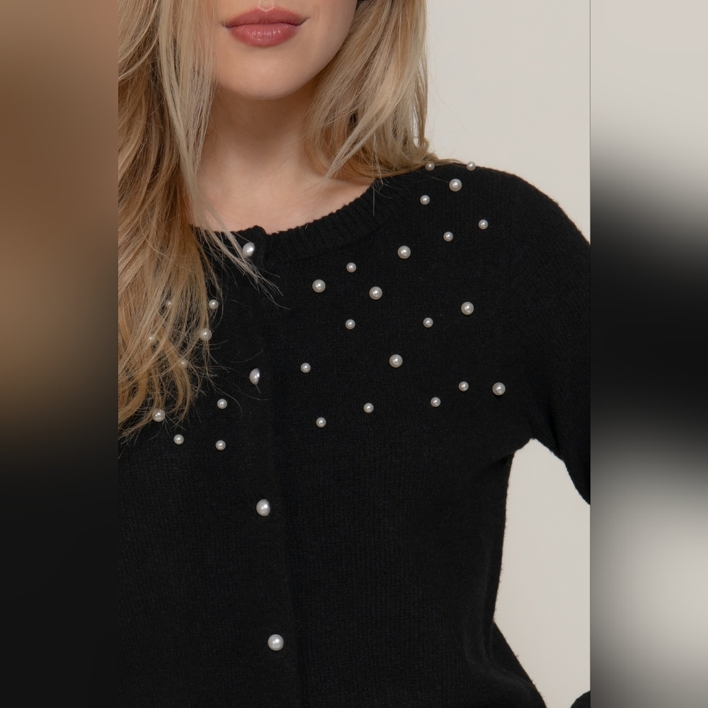 Black Pearl Embellished Dressy Cardigan Sweater - Picture 3 of 4